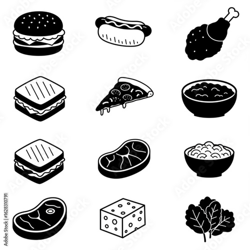 Vector art of collection of fast food icons isolated on white background, vector illustration