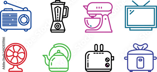 Illustration of various household appliances including a radio, blender, and stand mixer in color