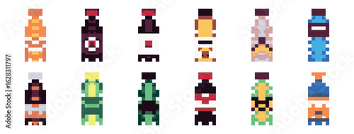 Drink Bottles Pixel Art Colorful Soda Sprites for Retro 8-Bit Games