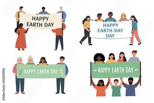 Minimal flat vector of a group of people holding a banner Happy Earth Day