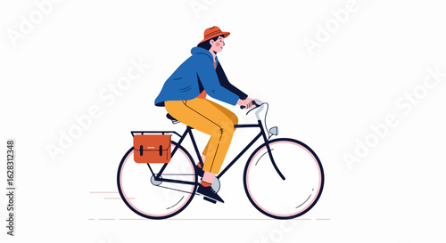Stylish cyclist in a blue jacket and orange hat riding a classic black bicycle with a rear pannier.