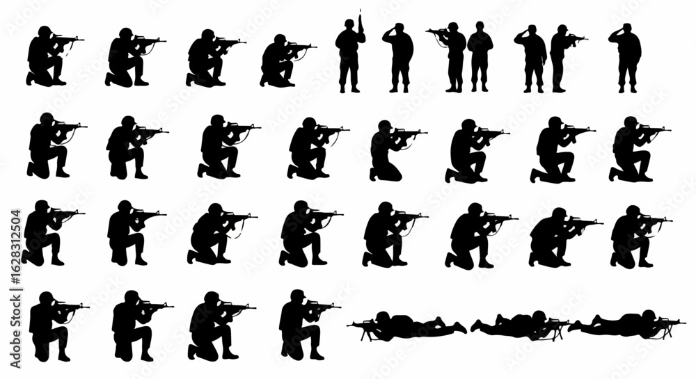 Naklejka premium Vector set of military soldier silhouettes in various combat and tactical poses, including aiming, kneeling, standing, and saluting.
