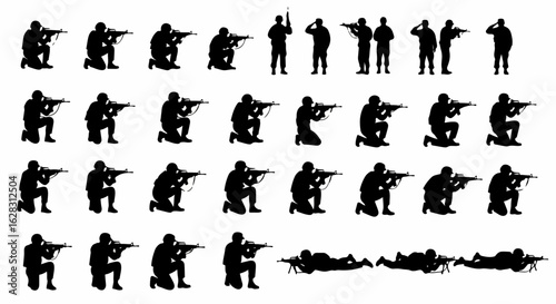 Vector set of military soldier silhouettes in various combat and tactical poses, including aiming, kneeling, standing, and saluting.