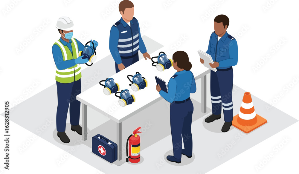 Safety inspectors reviewing protective masks and equipment at work site