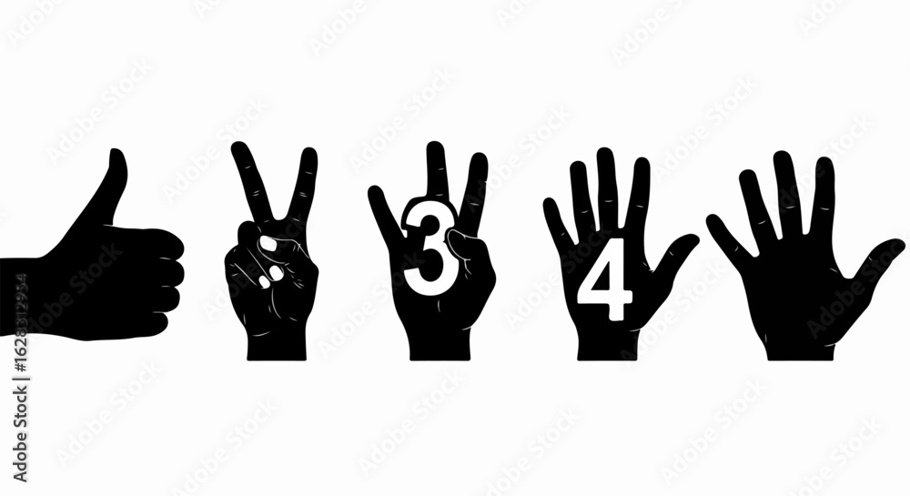 Fototapeta premium A sequence of five black silhouette hands counting with gestures, including thumbs up, peace sign, and numbers three and four.