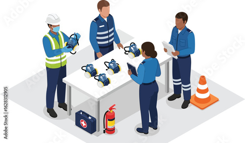 Safety inspectors reviewing protective masks and equipment at work site