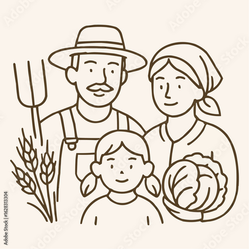 Farmer family with child holding cabbage and wheat stalks  