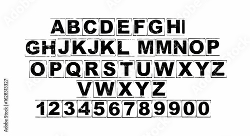 Bold black uppercase alphabet and numbers with a distressed grunge texture, each character enclosed in a weathered square frame.