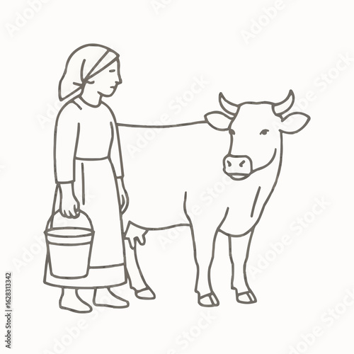 Woman with a bucket standing next to a cow in a pastoral setting  