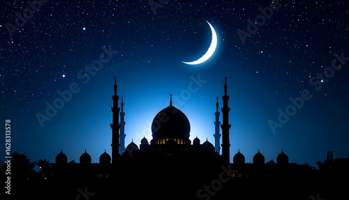 Silhouette of a mosque at night, crescent moon, and stars