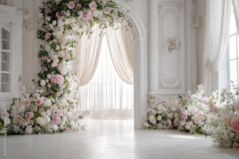Fototapeta premium Elegant floral archway in a white room