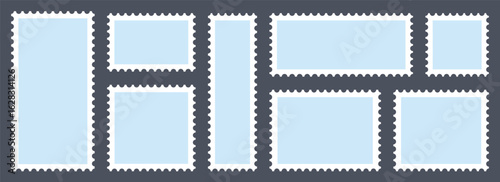 Blue postage stamps set. Post stamp frames and borders. Rectangle, square template for mail, postcard, letter, note. Vector zigzag objects for badge 