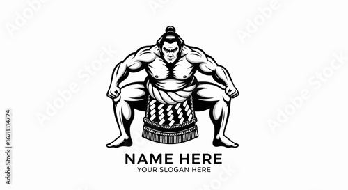 Powerful Sumo wrestler in a traditional squatting pose, a black and white mascot illustration with an intense expression.