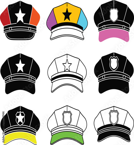 Police hats collection, vector illustration, law enforcement accessories, colorful and black-and-white designs, uniform headgear, graphic icons, badge symbols, professional clipart
