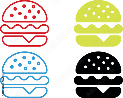 Four colorful burger icons in red, green, blue, and black arranged in a square format on white background