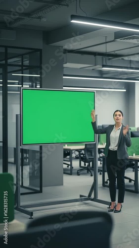 Businesswoman presenting on green screen display in modern office for corporate presentation, training or educational content