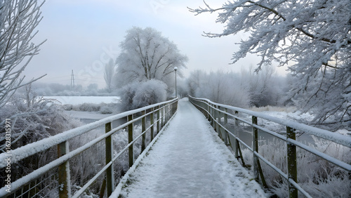 Winter landscape with frozen trees and wooden bridge over the river in winter