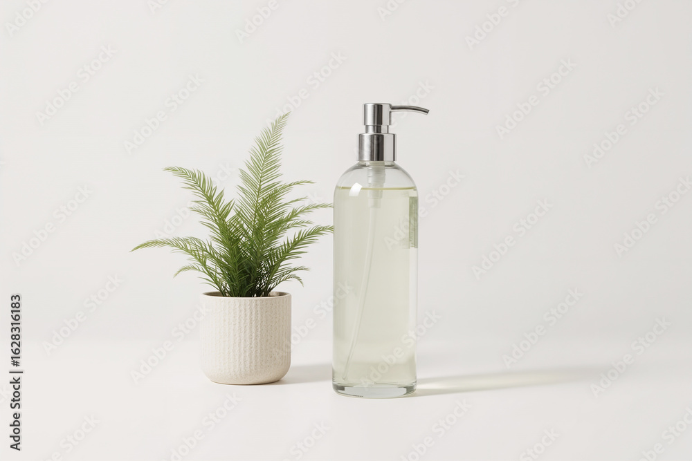 Obraz premium Clear Dispenser Bottle With Yellow Liquid Next To Potted Green Plant glass