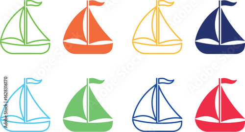 Eight colorful sailboats arranged in a grid pattern with various bright and contrasting colors shown well