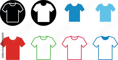 A collection of eight t shirt icons in various colors including black white blue red and green shades
