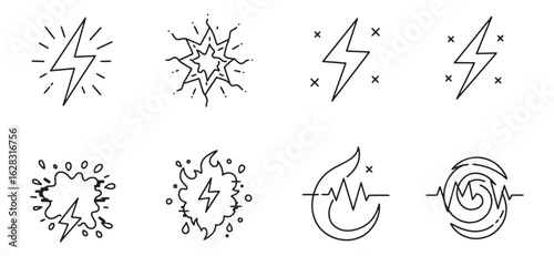 Set of hand drawn electricity icons depicting lightning flashes and energy burst elements