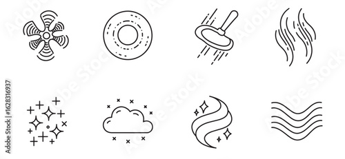 Set of simplified black line icons depicting air quality and environmental elements