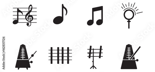 Simple black and white illustrations of various musical instruments and symbols