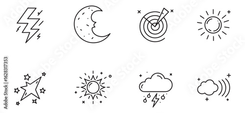 Simple vector icon set depicting celestial bodies weather and cosmic elements