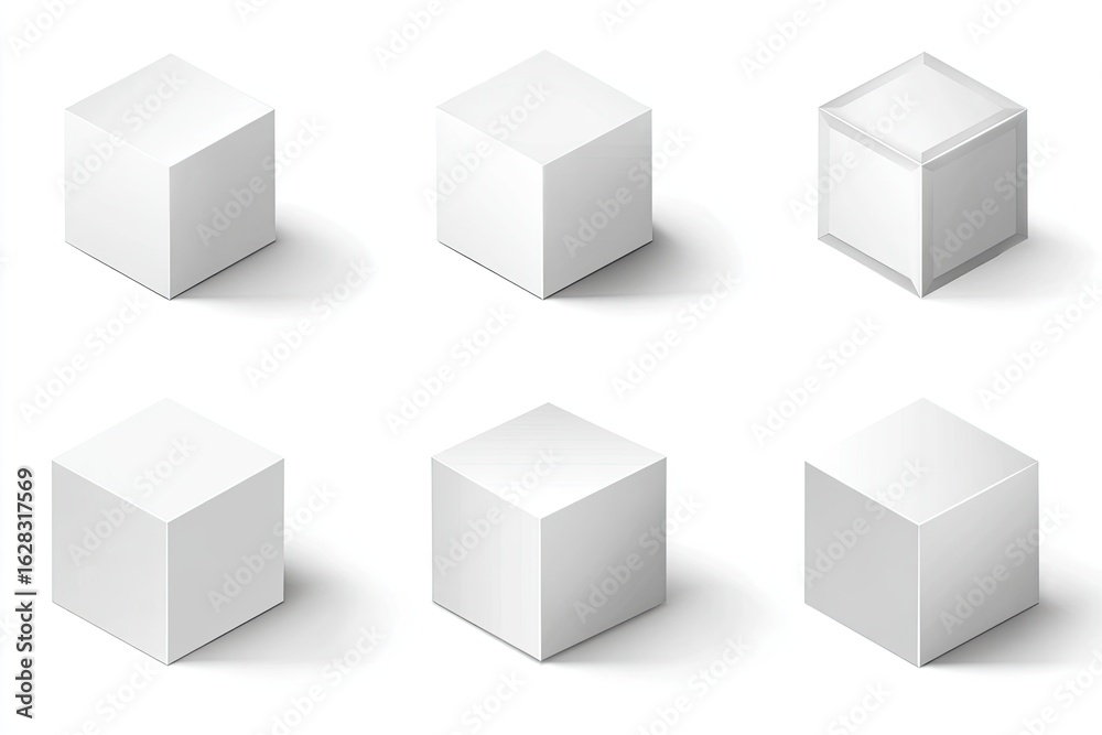 Six isometric white cubes with varied shadows and one with a transparent effect Six isometric white cubes with varied shadows and one with a transparent effect