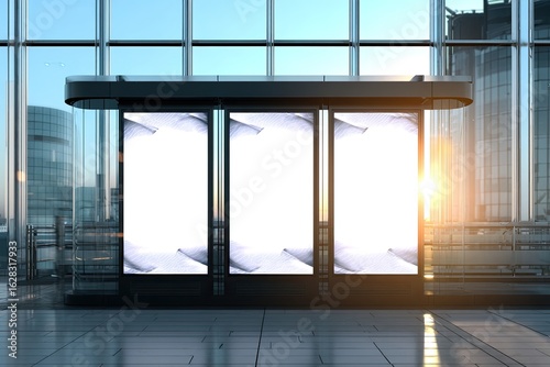 Modern digital billboard in a contemporary airport terminal.  Three blank screens, sleek black housing,  natural light, city view