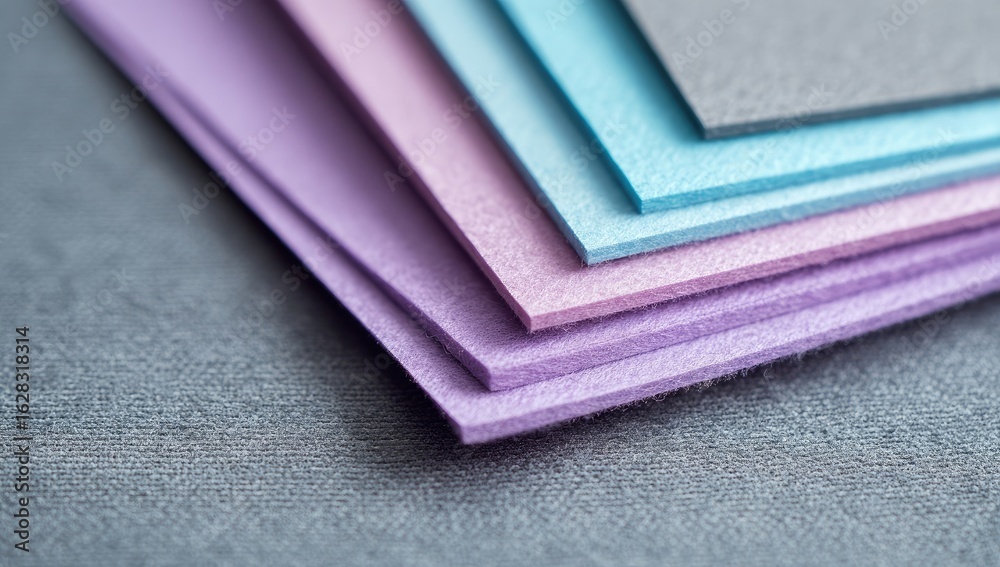 Fototapeta premium Stacked sheets of colored felt. Close-up view of overlapping, textured, craft materials in various shades of lavender, dusty rose, light blue, and gray. 