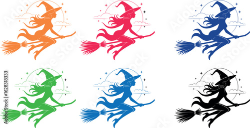 Colorful witch silhouettes on brooms with moon and stars in a repeating pattern on a white background