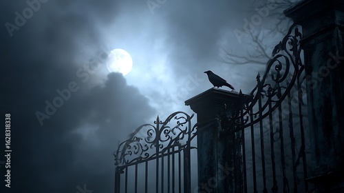 Crow on Gate Post Under Full Moon