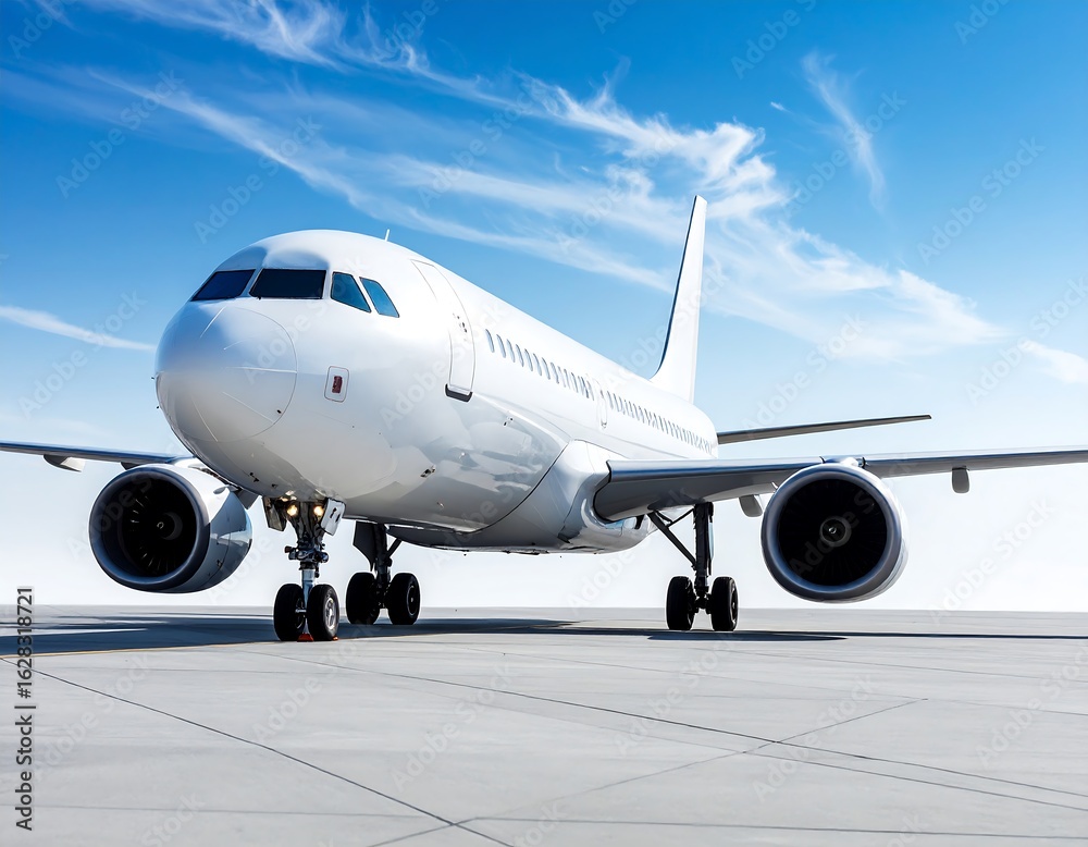 Fototapeta premium White airplane on runway under blue sky