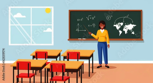 Female teacher explaining math and geography lessons on a blackboard in a classroom. Concept for education and global studies.