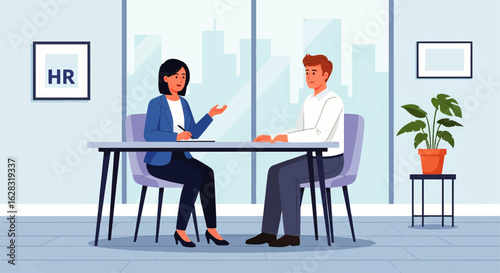 Female HR manager conducts a professional consultation with a male job applicant in a modern corporate office.