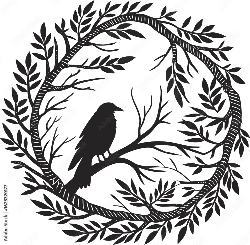 Obraz premium Raven on Tree Branch in Circular Wreath Silhouette – Black and White Nature Vector Illustration