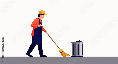 A female janitor in uniform sweeping the ground with a broom into a trash can. Vector illustration of a sanitation worker.