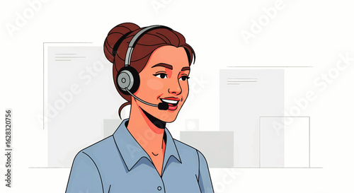 Professional female customer support operator with a headset smiling. Vector illustration for a call center, helpdesk, or telemarketing.