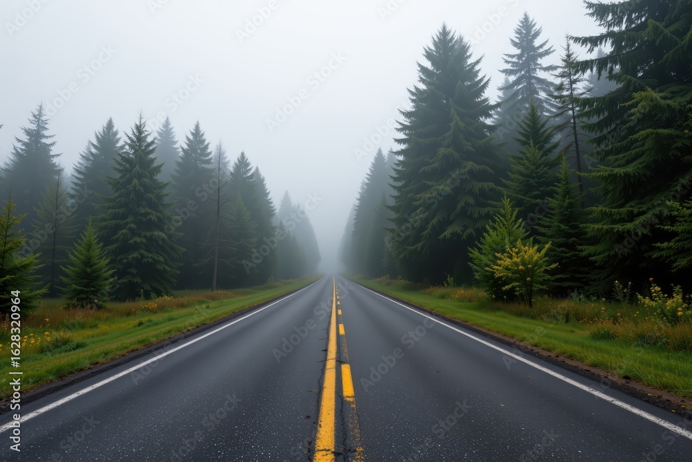 Naklejka premium Serene Road Through Misty Forest Landscape in Foggy Atmosphere