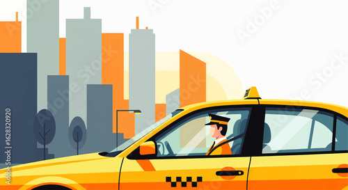 Professional taxi driver in a yellow cab navigating through a modern city with a skyscraper background. Urban transportation service concept.