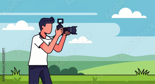 Young male photographer with a professional camera capturing a scenic landscape. Outdoor photography as a creative hobby concept.