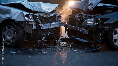 Head On Car Crash with Extensive Vehicle Damage Highlighting the Aftermath of Traffic Accident