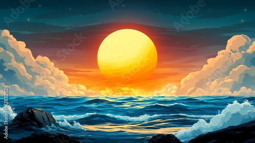 Seacoast Sunset Illustration Watercolour Drawing