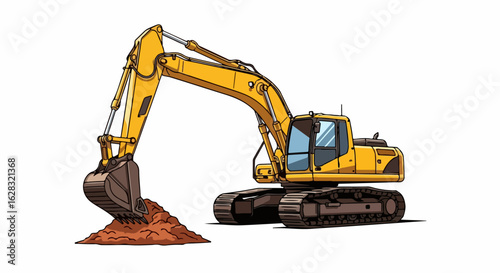Yellow hydraulic excavator cartoon illustration digging a pile of brown earth.