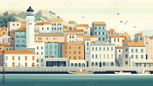 Village Seacoast Graphic Illustration Drawing