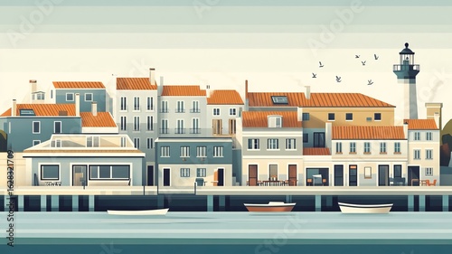 Village Seacoast Graphic Illustration Drawing