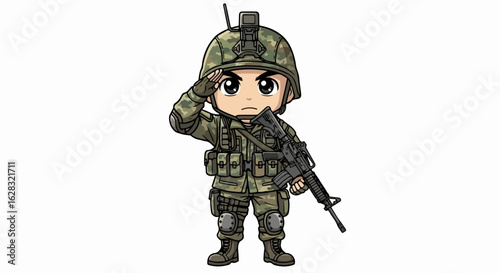 Cartoon soldier in camouflage uniform and helmet, saluting while holding an assault rifle.