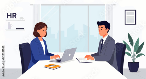 HR manager conducting a job interview with a male candidate in a modern office. Recruitment and hiring process concept.