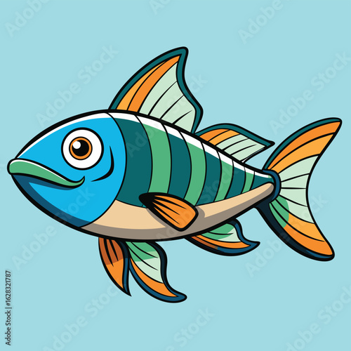 Cartoon fish with stripes swimming against a vibrant blue background